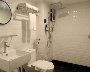 乔治市Le Embassy Hotel Georgetown的一间带水槽、卫生间和淋浴的浴室