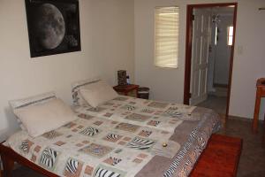 Chausib路易莎沙漠牧场山林小屋的一间卧室配有一张床铺,床上有毯子