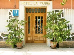 阿尔切纳帕拉酒店的木门,带两株植物的la paraza酒店