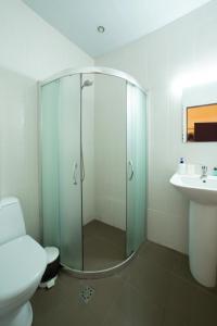 埃里温Saryan Hotel Yerevan的带淋浴、卫生间和盥洗盆的浴室