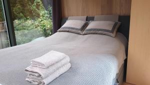 派尔努Mirror House Roosi 21的一张带毛巾的床和窗户