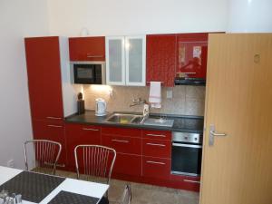 布拉格哈比塔特16号旅馆的一间带红色橱柜和水槽的厨房