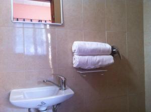 特拉维夫Hotel 28的墙上设有带水槽和毛巾的浴室