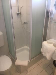 塔塔阿诺德酒店的带淋浴、卫生间和盥洗盆的浴室