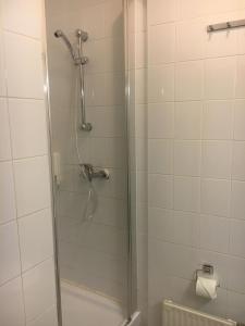 塔塔阿诺德酒店的浴室里设有玻璃门淋浴