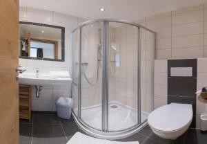 伊施格尔Apart Garni Sesvenna的带淋浴、卫生间和盥洗盆的浴室