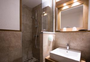 内瓦什勒沙龙酒店的带淋浴、盥洗盆和镜子的浴室
