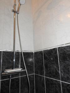 里摩日Studio très confortable的配有黑色瓷砖墙壁和淋浴头的淋浴