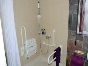 伊尔弗勒科姆维尔德可牧笔酒店的浴室设有淋浴间,配有紫色毛巾