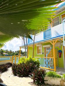 Grande AnseHotel Oasis的黄色和蓝色的房子,拥有大型的绿色屋顶