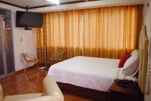 利马Hotel Wayra的一间卧室配有一张床、一台电视和一把椅子