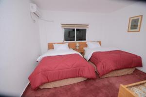 瓦迪穆萨Petra Lion Hotel的配有红色和白色枕头的客房内的两张床