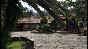 杜伊塔马HH HACIENDA EL CARMEN CENTRO DE CONVENCIONES的棕榈树建筑前的庭院