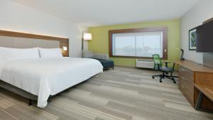 育空俄克拉荷马城西育空快捷假日&套房酒店的酒店客房配有一张床、一张书桌和一台电视。