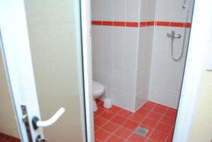 比托拉Villa Bastion的浴室设有淋浴、卫生间和红色瓷砖。