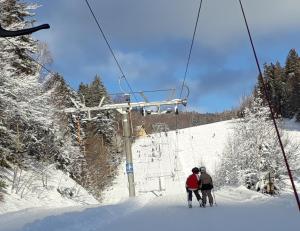 穆赫克雷斯的艾根Ferienwohnungen Veit的雪地滑雪缆车上的两个人