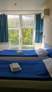 顿河畔罗斯托夫顿河畔罗斯托夫ID旅舍的一间卧室配有两张带蓝色窗帘的床和窗户。