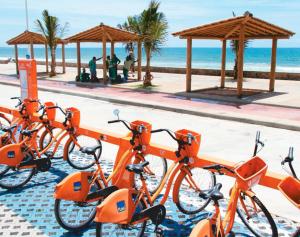 萨尔瓦多Apto Mar Stiep的海滩旁的一排橘子自行车