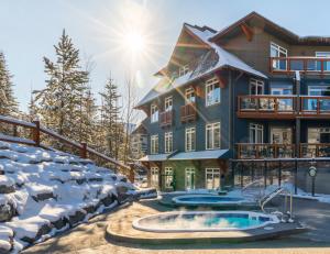 坎莫尔集团黑石山林小屋酒店的雪中带热水浴池的房子