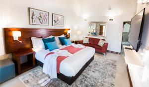雾观Kruger Park Lodge Unit No. 610B的酒店客房设有一张大床和一台电视机。
