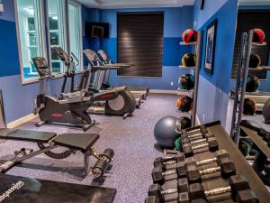 米西索加多伦多机场西智选假日酒店的蓝色房间带有氧器材的健身房