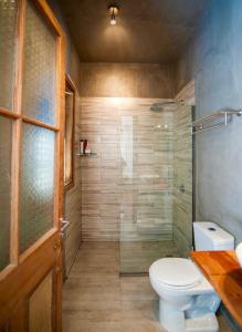 瓦尔帕莱索Casa California Guesthouse的一间带卫生间和玻璃淋浴间的浴室