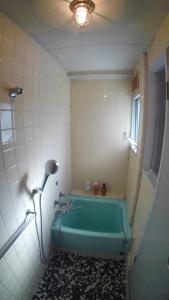 高松Setouchi Triennale Hotel 202 SunMoonStarSeaLight / Vacation STAY 61451的一间位于客房内的带绿色浴缸的浴室