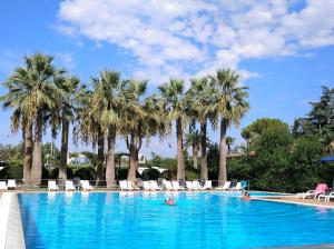 普拉亚·阿马勒Villaggio Turistico La Mantinera - Hotel的一个带棕榈树和躺椅的游泳池