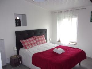 普佐日cheztitoine的一间卧室配有一张带红色毯子的床和窗户。