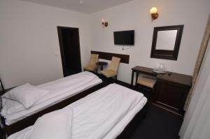 Statjunea Borsa塞布尔酒店的酒店客房设有两张床、一张桌子和一面镜子
