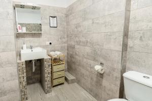 布拉索夫城市中心公寓式酒店的一间带水槽和卫生间的浴室