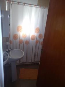 孙查莱斯Departamento los sunchos的浴室设有窗帘和蒲团
