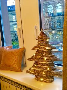 卡尔斯鲁厄Altbauwohnung im Herzen von Karlsruhe的窗台上金色的圣诞树
