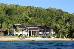 奥斯洛布Emoha Dive Resort的棕榈树和水滩上的别墅