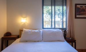 Mitzpe HilaNetta's Place的一间卧室配有一张带白色床单的床和一扇窗户。
