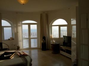 奥布佐尔Villa Sky Music的一间卧室设有两个拱形窗户和一台电视机