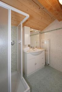 普雷达佐Casa Seler - Appartamento verde的浴室配有白色水槽和淋浴。