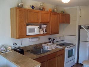 南帕诸岛La Internacional Condos O211的厨房配有木制橱柜、水槽和微波炉
