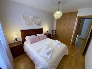 卡斯铁略－德哈卡Fantástico Apartamento con jardín en Castiello de Jaca的一间卧室配有一张大床和两条毛巾