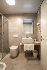 门德里西奥Hotel Albergo Milano的一间带卫生间、水槽和镜子的浴室