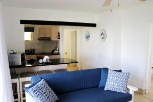 兰格班Kaliva 364 at Club Mykonos in Langebaan的一间带蓝色沙发的客厅和一间厨房
