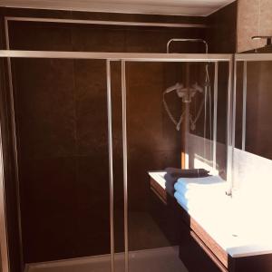 阿吉亚尔小镇欧罗巴酒店的一间带玻璃淋浴间和水槽的浴室