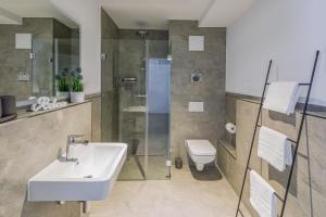 弗莱堡cosy grey apartments的一间带水槽、淋浴和卫生间的浴室