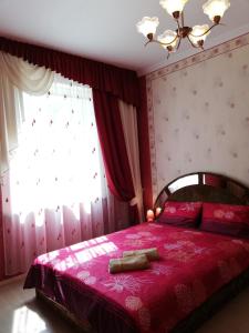 泰尔韦泰Pālena apartamenti的一间卧室配有一张带红色床罩的床和窗户
