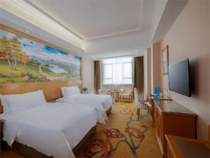 惠州维也纳酒店广东惠州惠阳三和广场店的酒店客房设有两张床和一台平面电视。