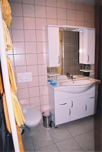 拉什科卡特尔旅馆的粉红色的瓷砖浴室设有水槽和卫生间