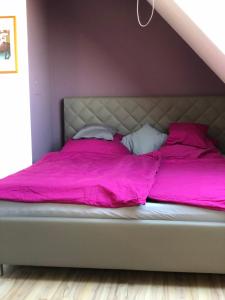 杜塞尔多夫Einzel-Apartment Düsseldorf Oberkassel的卧室内的一张带粉红色床单和枕头的床