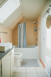 圣让波若利Gîte B&B - Aubergélit inc的带浴缸、卫生间和盥洗盆的浴室