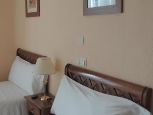 马德里冈萨洛旅馆的一间卧室配有一张床和一张桌子上的台灯