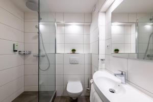 莱茵河畔路德维希港Hotel Newton Ludwigshafen的浴室配有卫生间、盥洗盆和淋浴。